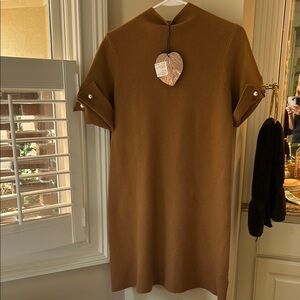 Tan Mini Sheath Dress with Mock Neck and Cuffed Sleeves